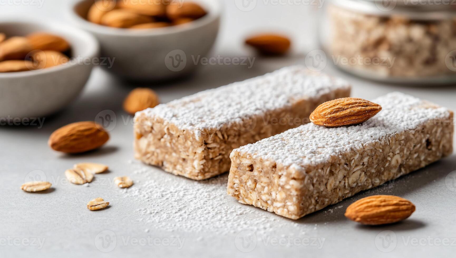 Almond oat energy bars dusted with powdered sugar photo