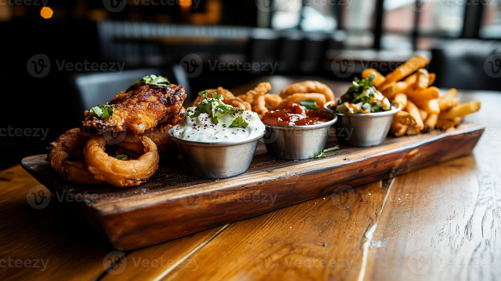 Appetizer platter with fried food and sauces photo