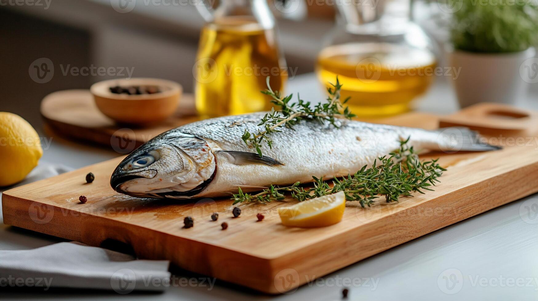 A fish on a cutting board with herbs and spices photo