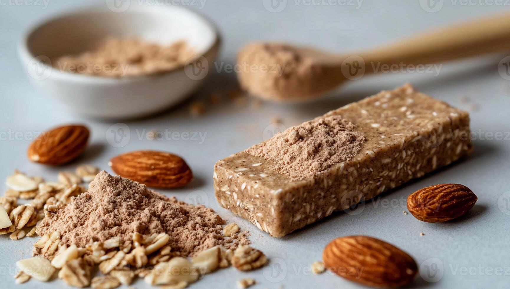 Healthy energy bar with almonds, oats, and cocoa powder photo
