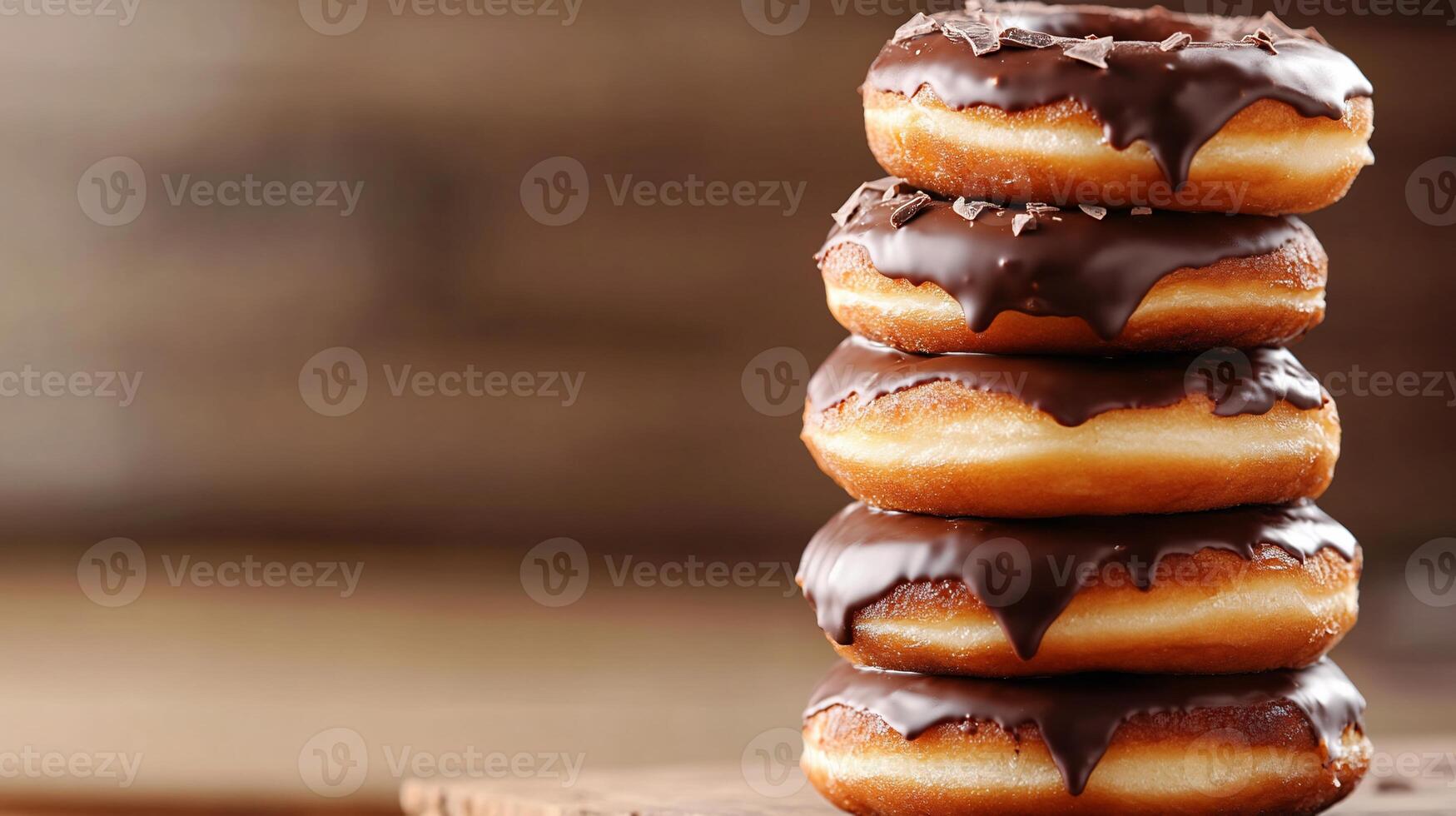 A stack of chocolate glazed donuts on a wooden table photo