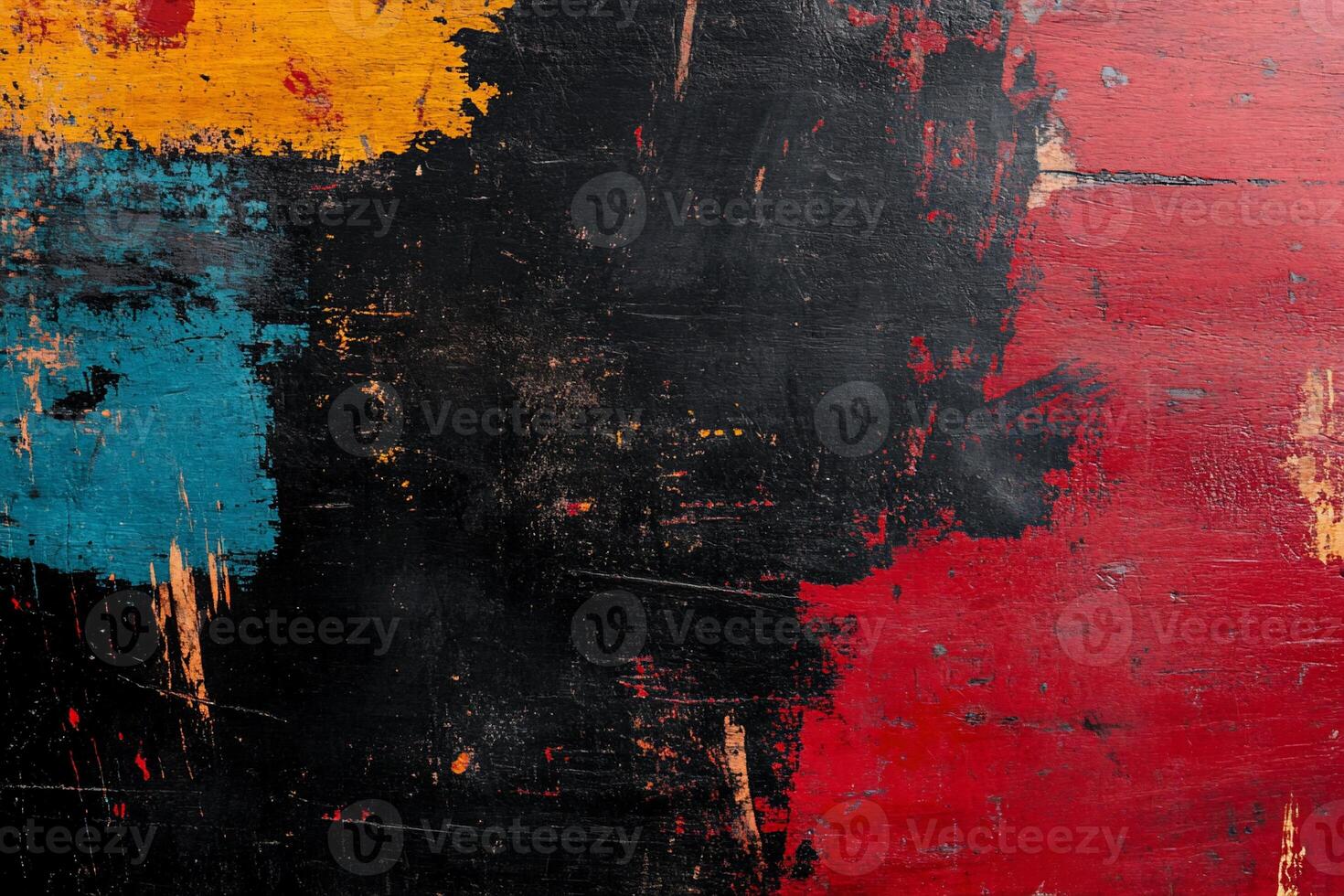 Colorful, distressed wooden surface with vibrant paint splashes photo