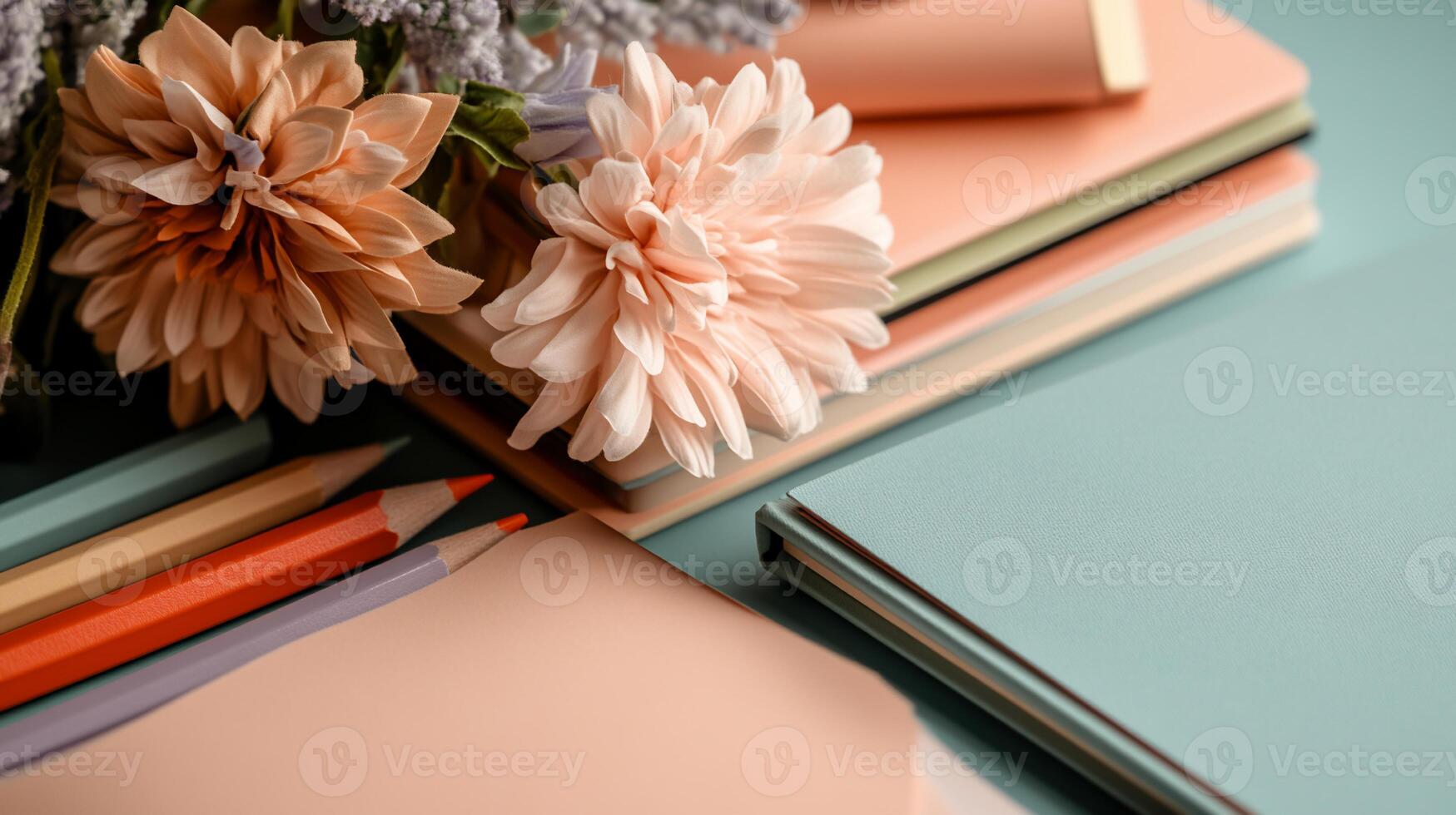 Pastel-toned stationery and flowers. A delicate arrangement of pastel-colored notebooks, pencils, and artificial flowers create a soft, organized workspace photo