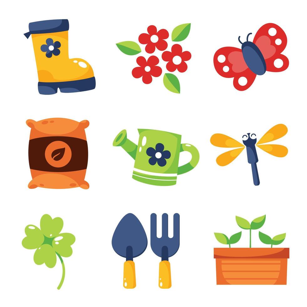 A cheerful set of illustrated gardening items and springtime motifs, including a rain boot, flowers, a butterfly, bag of soil, watering can, dragonfly, clover, gardening tools, and a potted plant vector