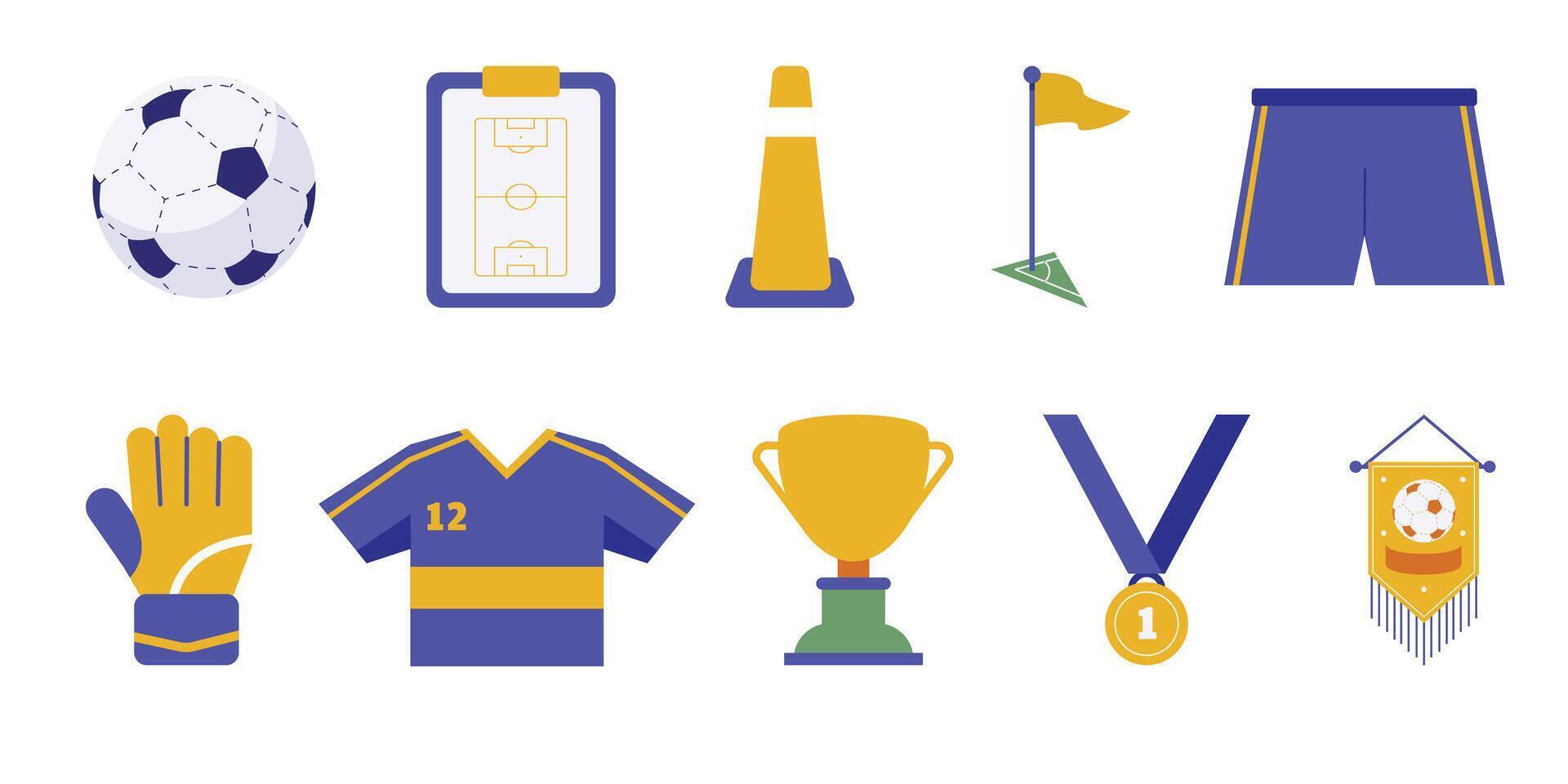 An illustrative set featuring soccer-related items, including a ball, kit, and trophies, ideal for sports themes vector