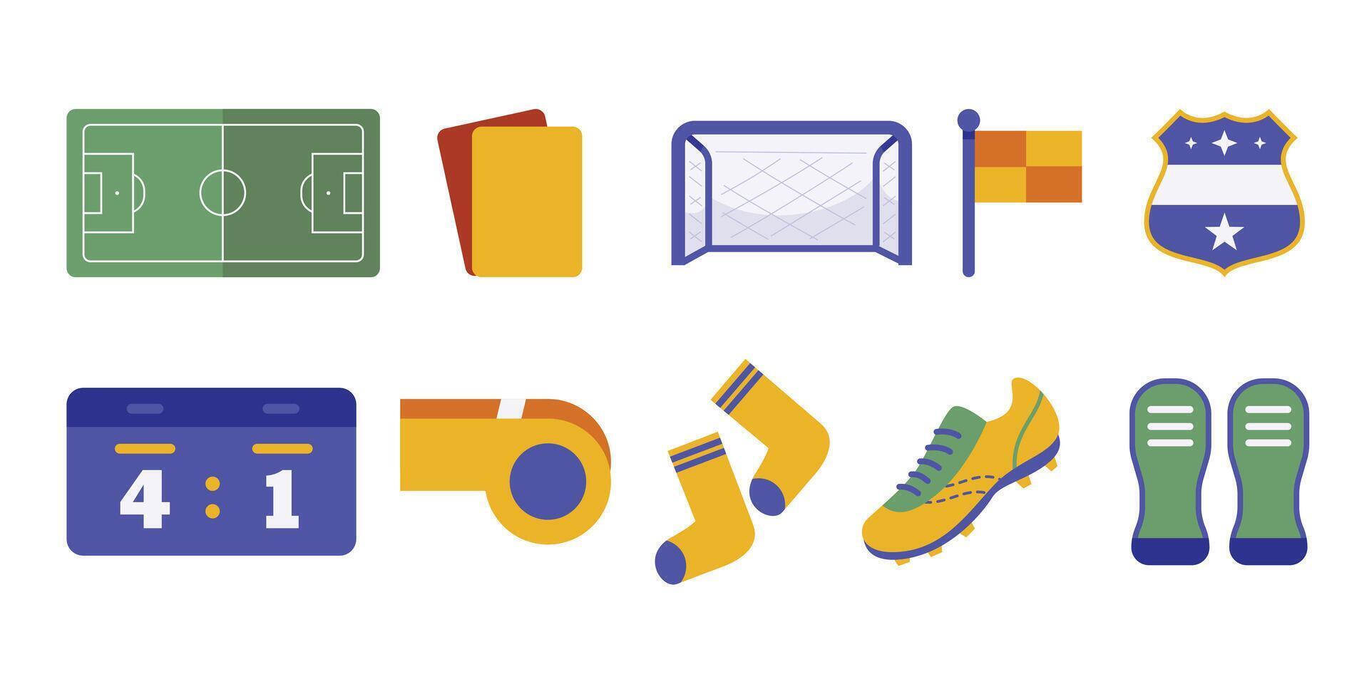 Illustration set showcasing soccer field, referee cards, goal, cleats, and other game essentials vector