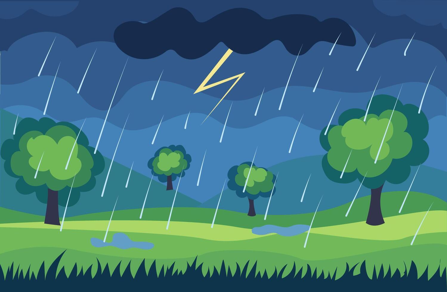 illustration depicting a stormy landscape with rain and lightning over green hills and trees vector