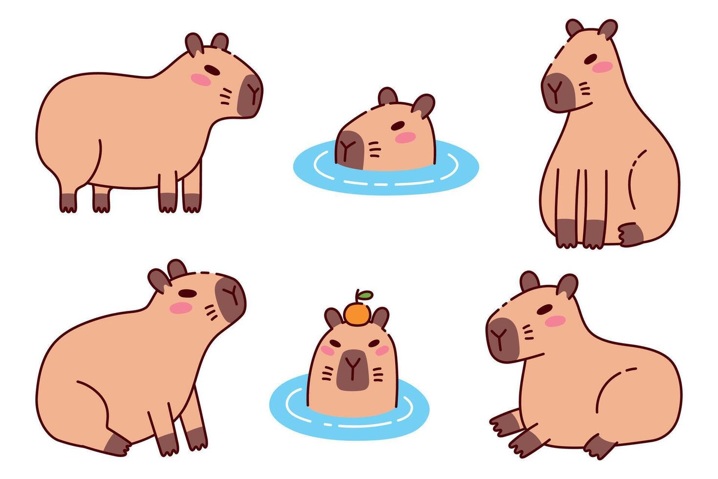 Set Of Cute Capybara in Various Poses Illustrations in Flat Style with Outline. Funny Animal Characters Relaxing and Swimming in Water vector