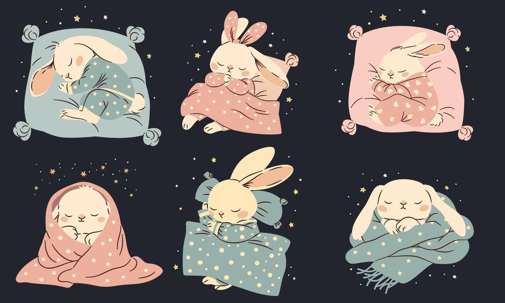 A set of flat illustrations in a simple children's style. Cute bunnies in pajamas sleeping on a pillow, the night and the stars vector