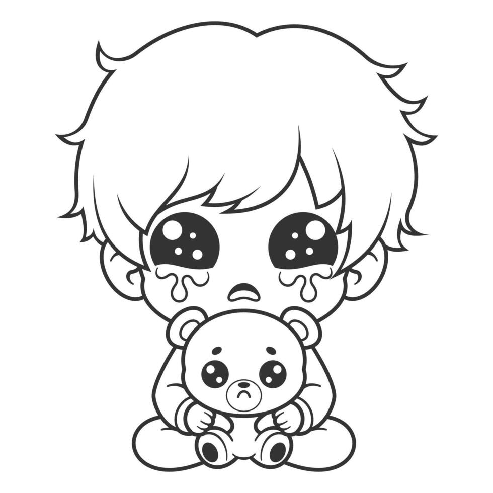 A boy is crying while hugging a doll, for coloring vector