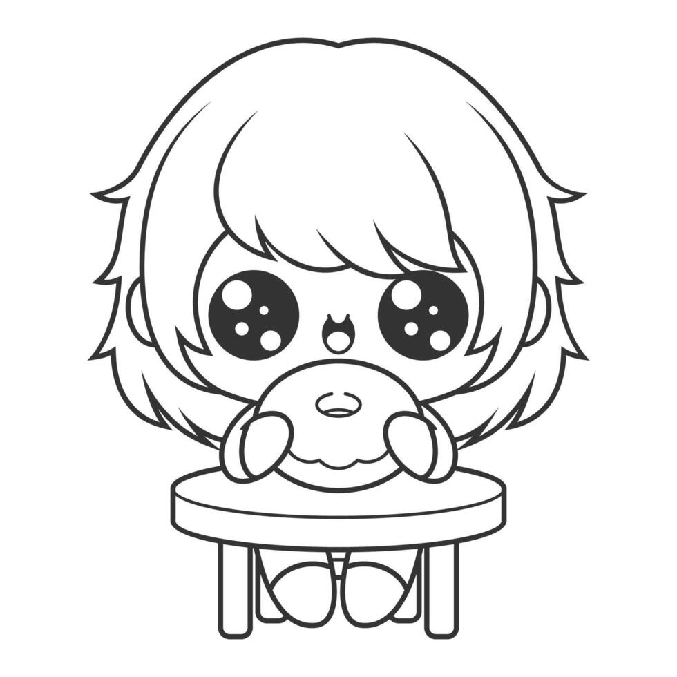 Little girl eating a donut, for coloring vector