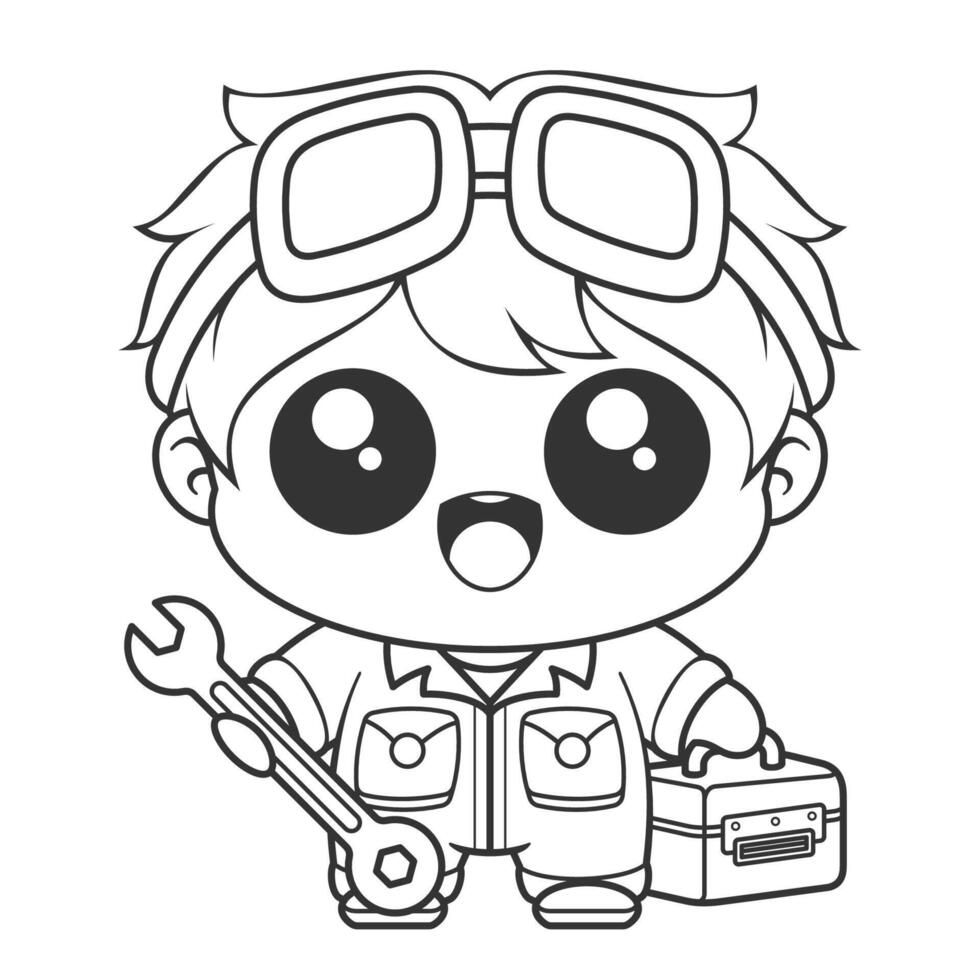 Boy becomes a mechanic and carries tools, for coloring vector