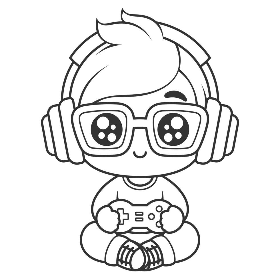 Boy with glasses playing games, for coloring vector