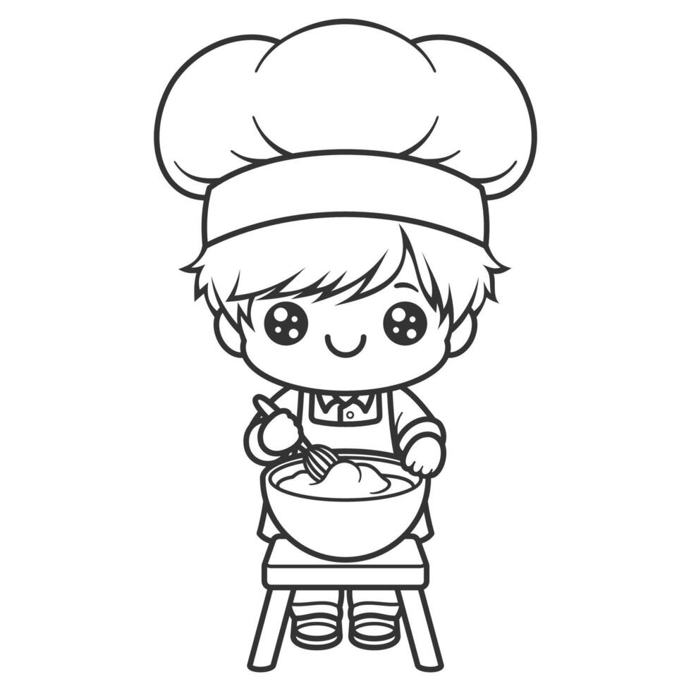 The boy is being a chef and making cake dough, for coloring vector