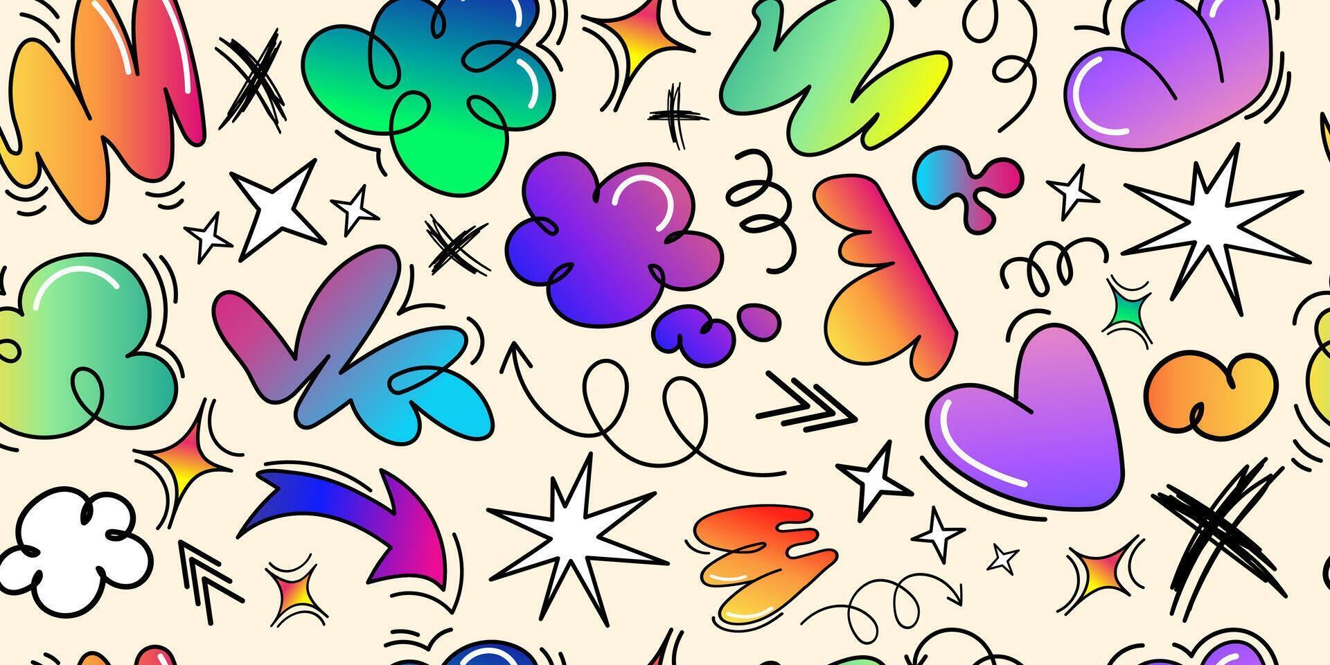 Y2K aesthetic doodles seamless pattern with playful cartoon elements, hearts, arrows, stars, abstract gradient shapes for textiles, wallpapers, packaging, and digital backgrounds. illustration vector