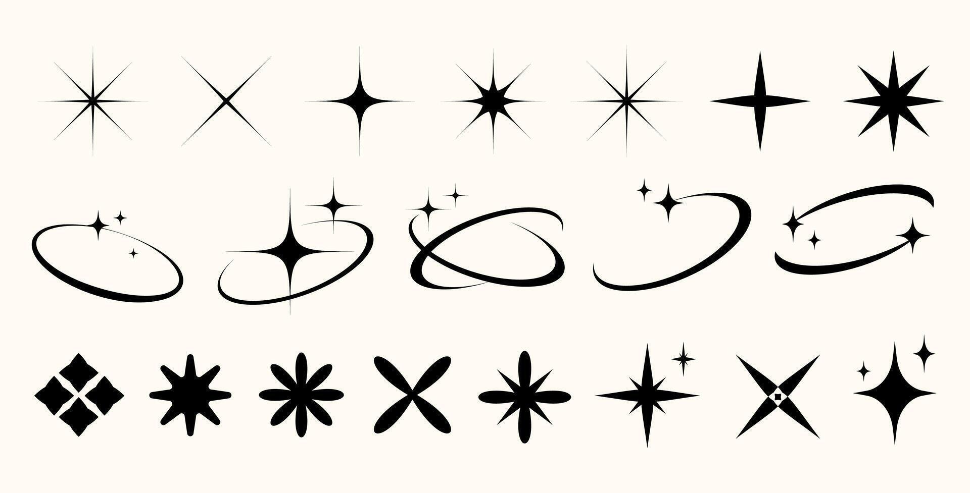 Y2k of star shapes starbursts, sparkles, and orbit elements set.Abstract minimal twinkles with cosmic orbits. Classic Retro Star Shapes and Twinkles.Minimal modern Retro futuristic icons. vector