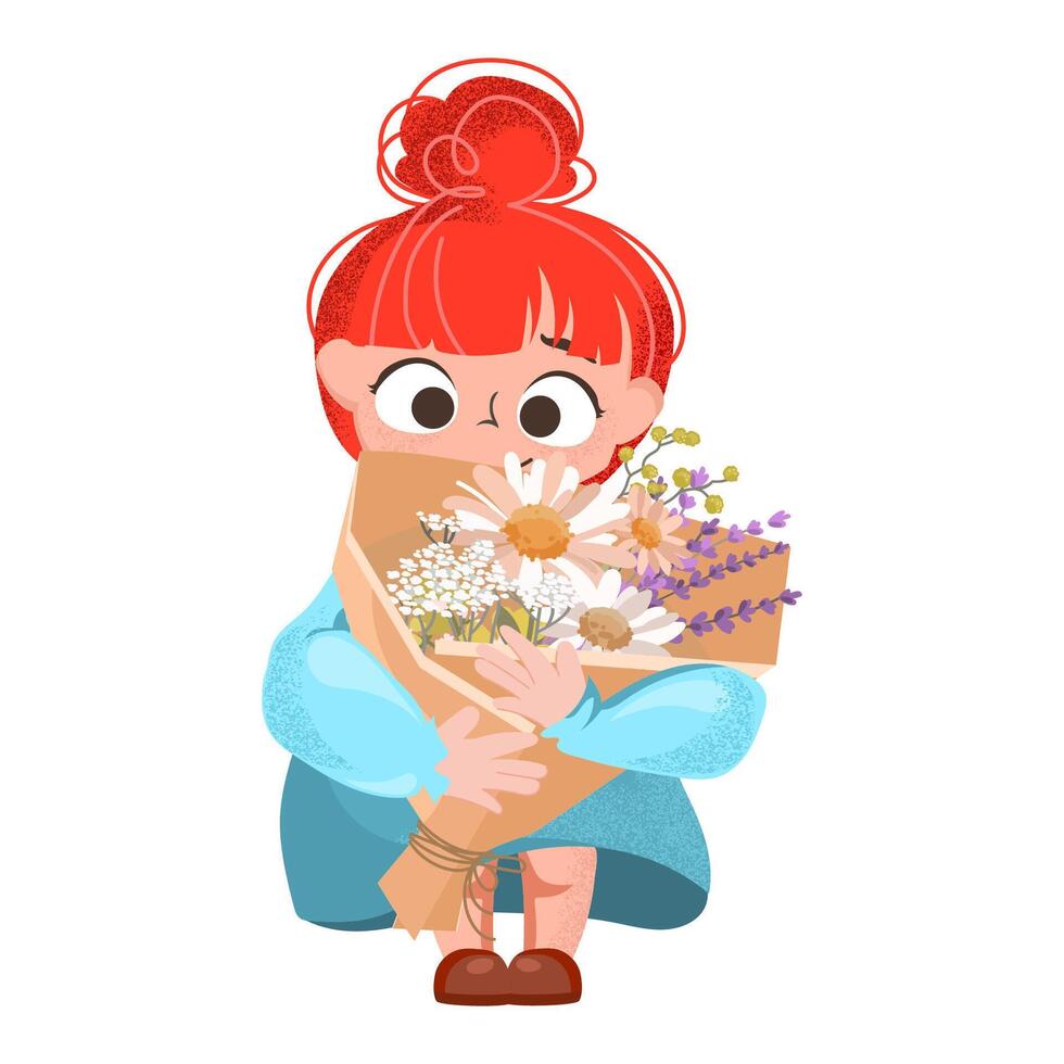 Happy child girl presenting a bouquet of daisies and lavender wrapped in craft paper.Perfect for Mother's Day,Teacher's Day,card,print,children's themes,happy birthday. illustration vector
