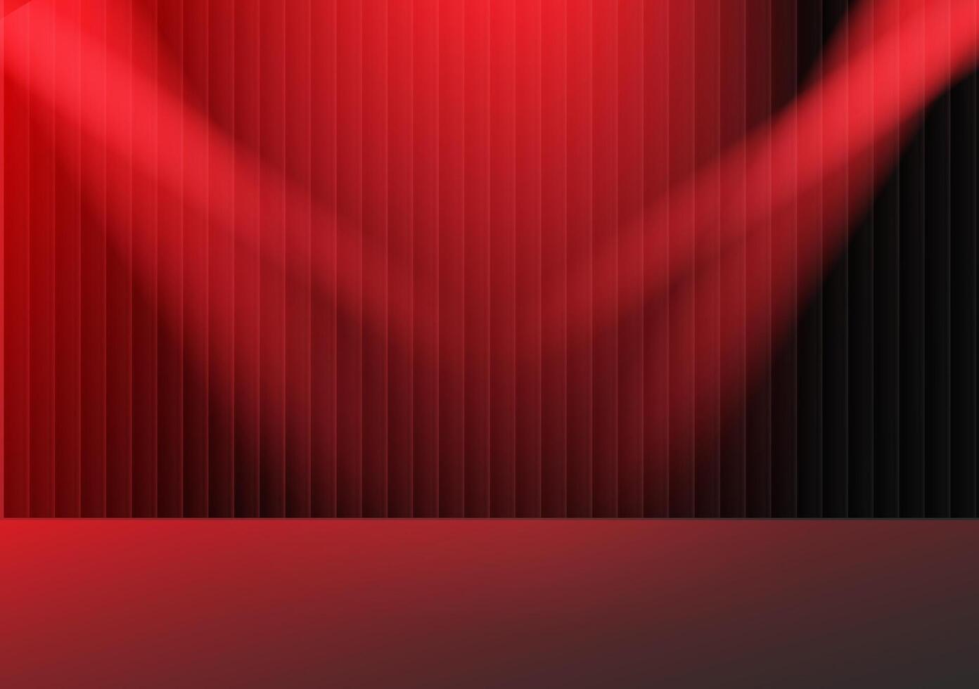 Dramatic red stage with spotlight illumination.Atmospheric stage background with red spotlights, striped backdrop perfect for performance, backdrop, banner, advertising, event design projects. vector