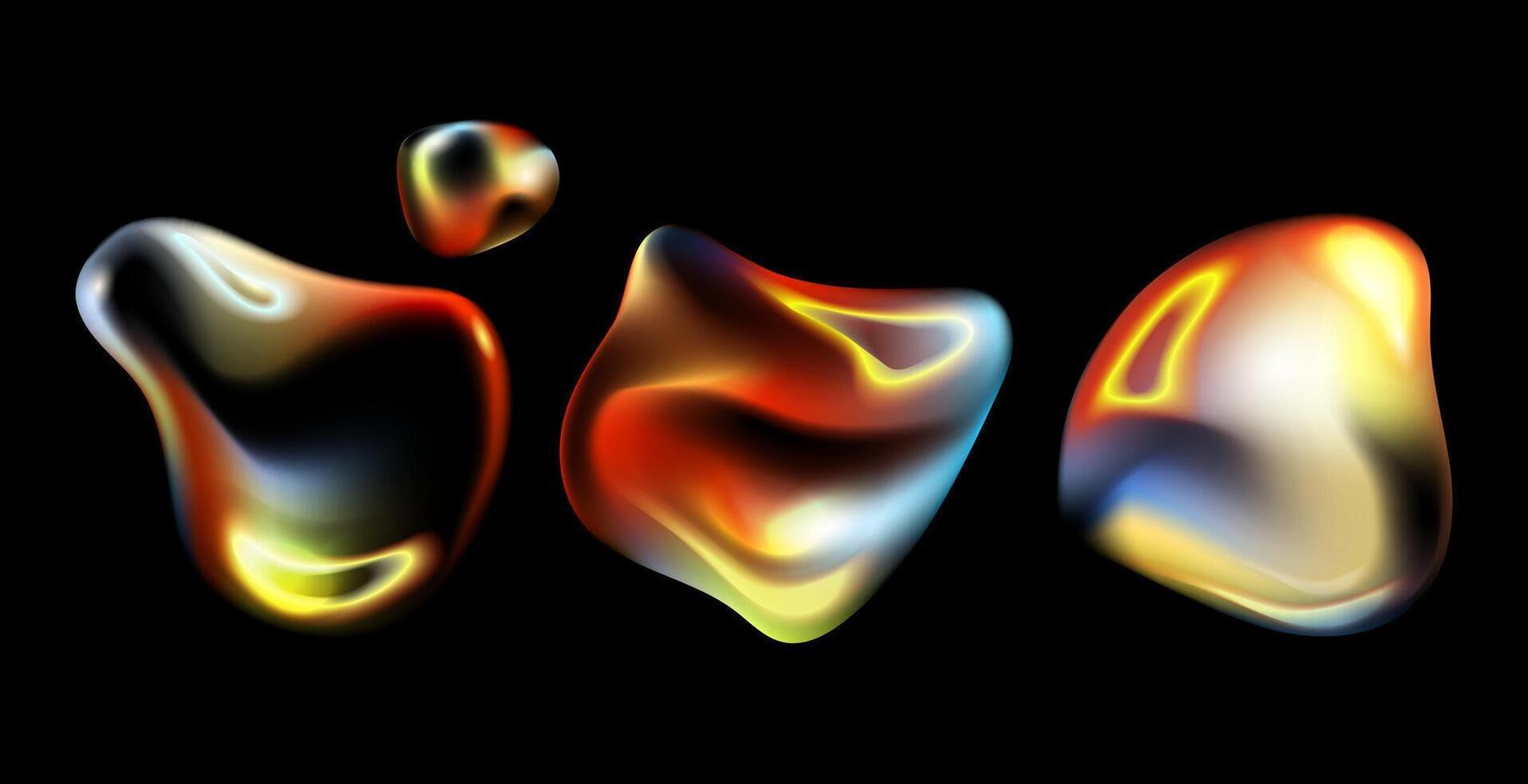 Glossy Fluid Blobs and bubbles with Light Reflections.3D Iridescent Futuristic Liquid Forms in a Modern Style set. liquid shape smooth forms,reflective surfaces design elements. illustration vector