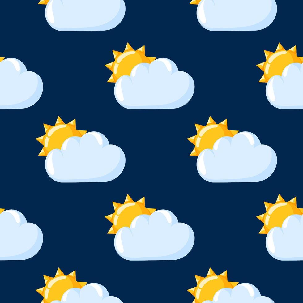 Seamless pattern with sun and cloud weather icon on a dark blue background in cartoon style. Perfect for wallpaper, textile, wrapping paper, weather forecast design and nature theme. vector