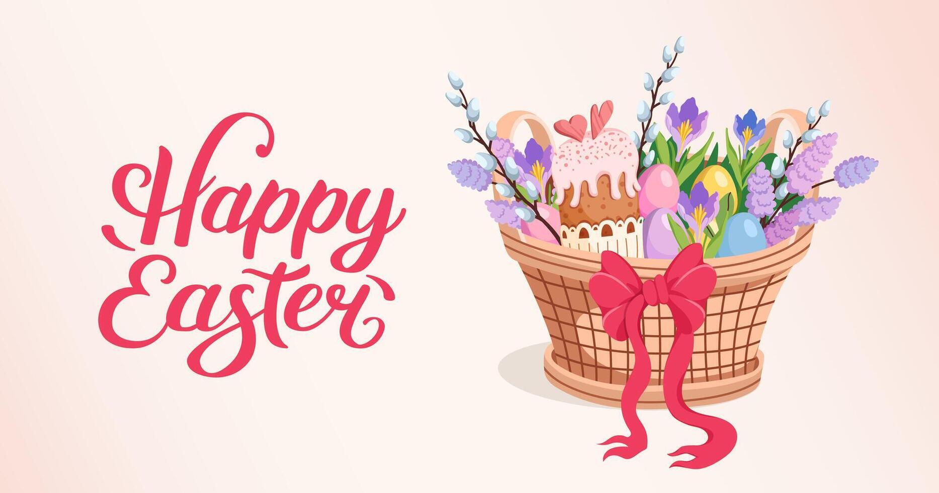 Happy Easter banner with Festive Basket, cake, pastel egg, blooming willow branch and spring crocus. Spring background for holiday greeting, invitation. flat illustration. vector