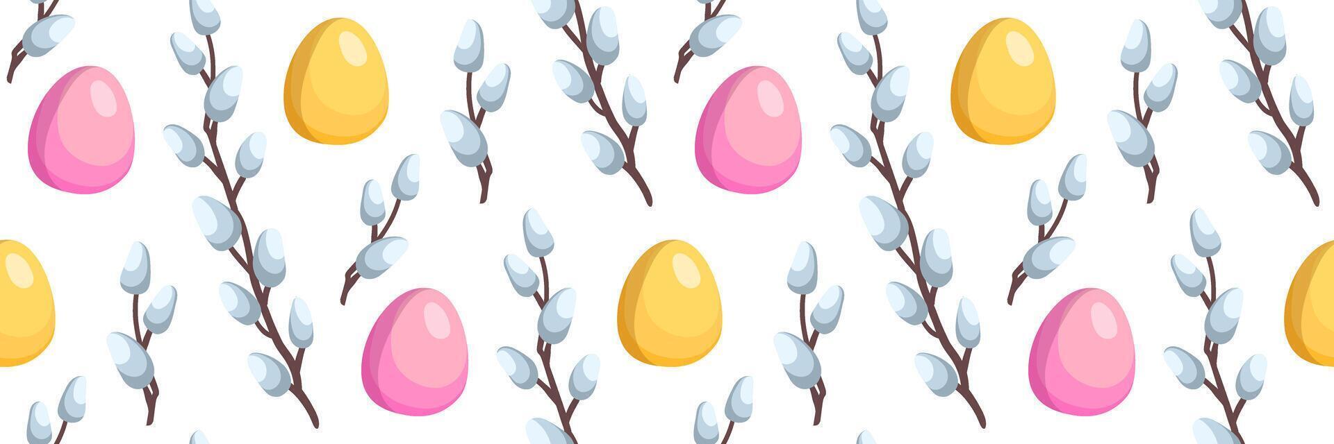 Happy Easter seamless pattern with blooming willow branches and colored eggs. Traditional religious elements. Spring festive background for invitations. flat illustration. vector