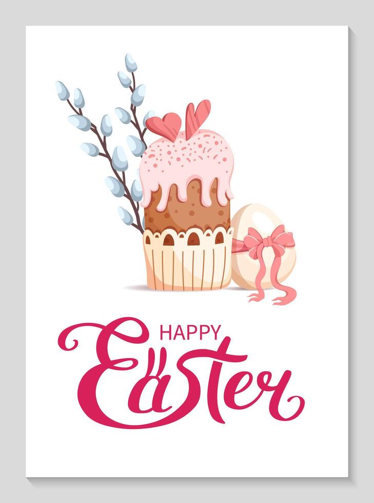 Happy Easter poster with festive cake, pastel eggs, and blooming willow branches. An egg with pink ribbon bow. Perfect spring design for holiday greetings, invitations. flat illustration. vector