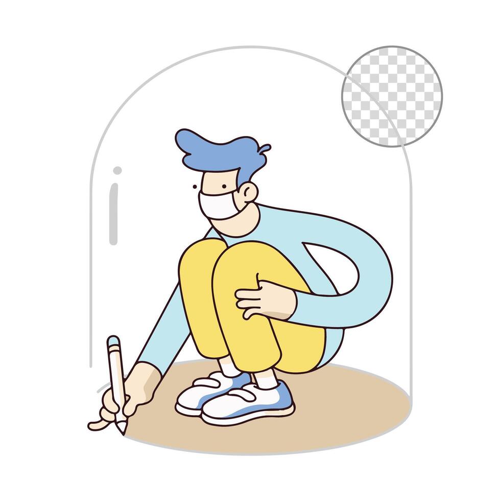 A cartoon man wearing a mask sits and draws on the ground inside a transparent dome. vector