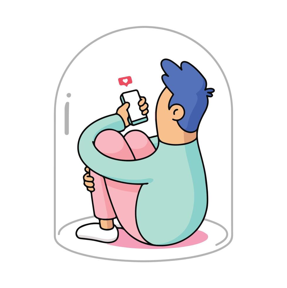 A person sits huddled inside a glass dome, engrossed in their phone. vector