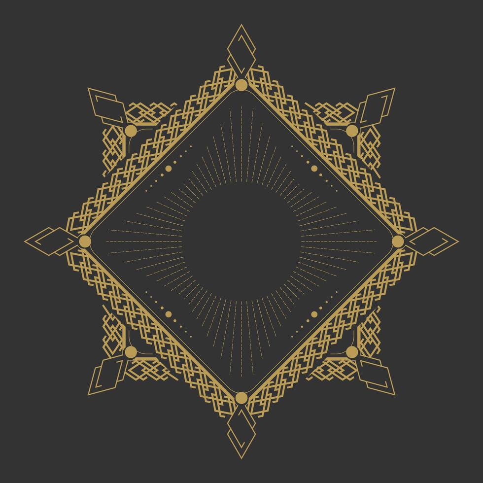 Golden Art Deco frame in hexagonal shape on dark background. Vintage retro Art Deco border design vector