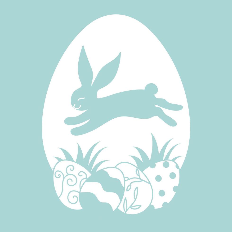 Cute Easter Bunny jumping over the painted eggs. Happy Easter Day. Hand drawn illustration vector