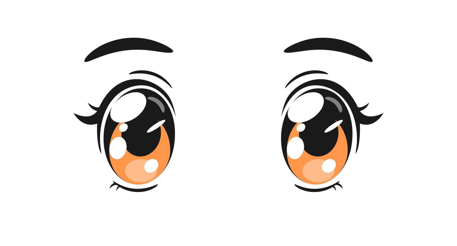 Cartoon big anime eyes with sparkles and lashes. Cute kawaii orange manga anime eyes vector