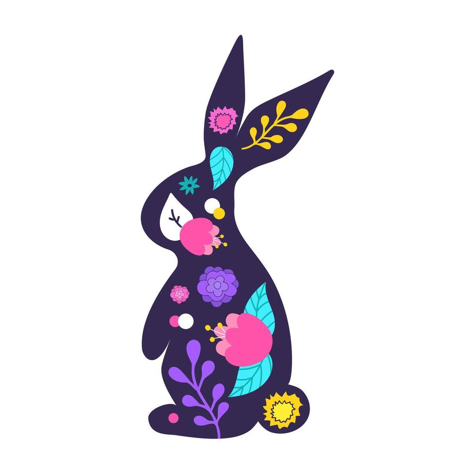 Easter Bunny silhouette decorated with bright flowers. Happy Easter Day. Hand drawn illustration vector