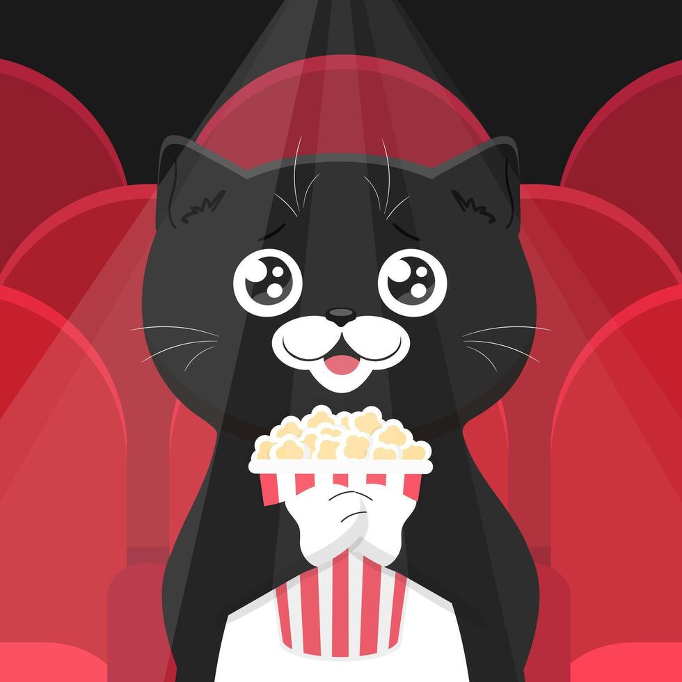 Happy black cat in movie theater holding popcorn bucket. Cute cat watching a movie in movie hall with red seats and spotlight vector