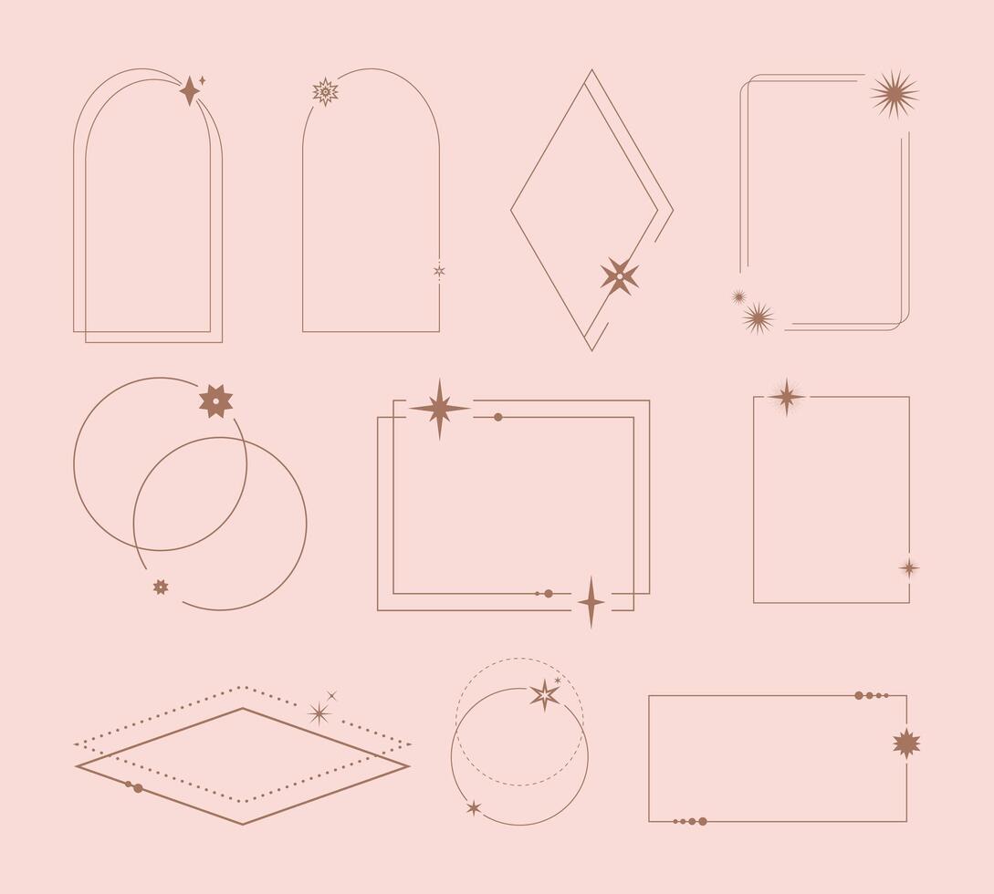 Celestial star frames set. Abstract geometric frames decorated with space sparkles and glints vector