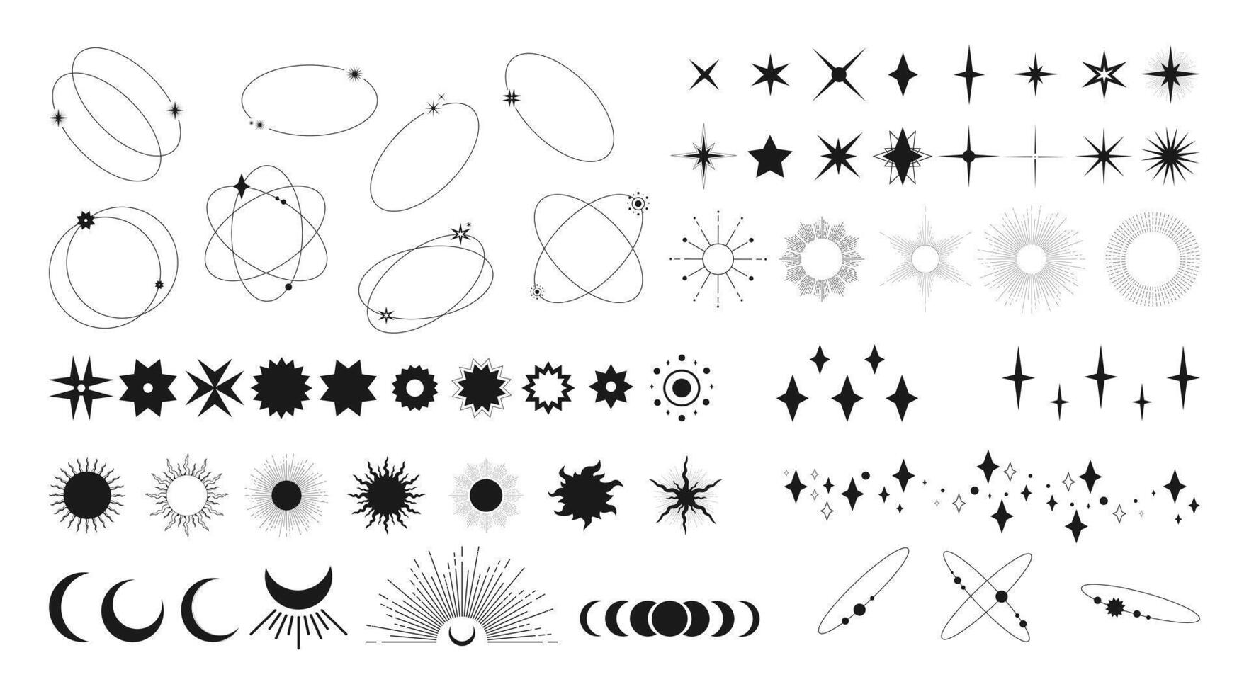 Celestial star symbols, geometric shapes and sparkle frames. Space design elements vector