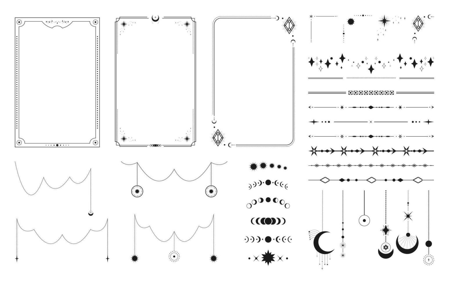 Frame border templates with celestial design elements. Garlands, dividers, pendants and borders with space decorations, crescents and stars vector