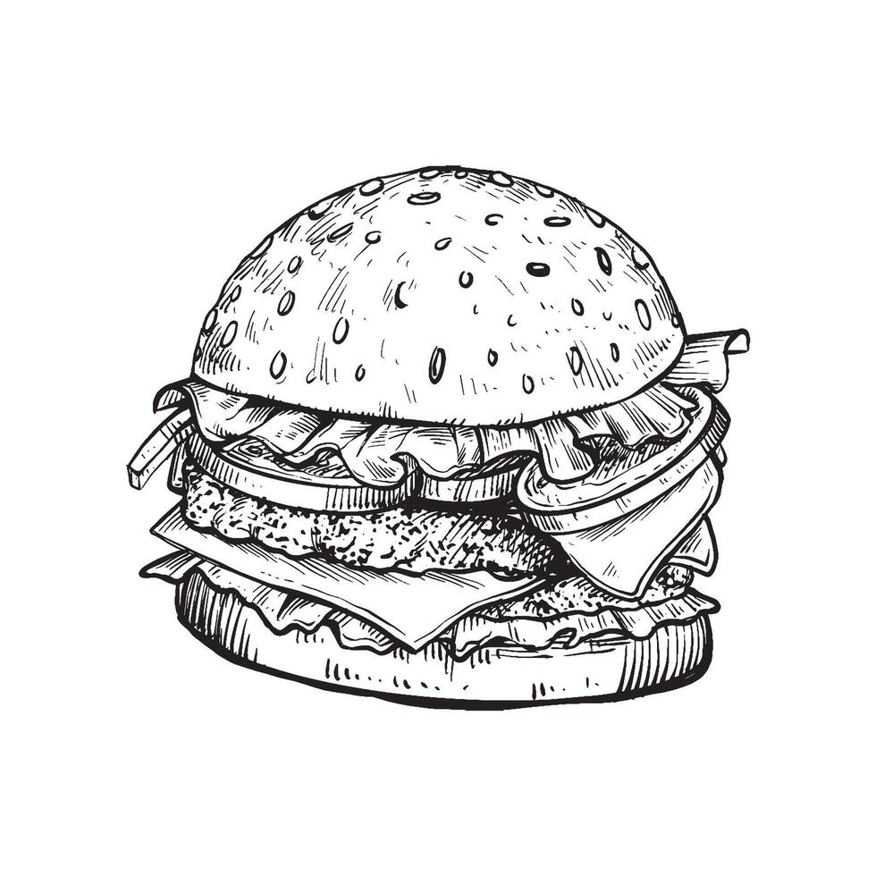 Vintage Black and White Burger Illustration - Classic Retro Food Design vector