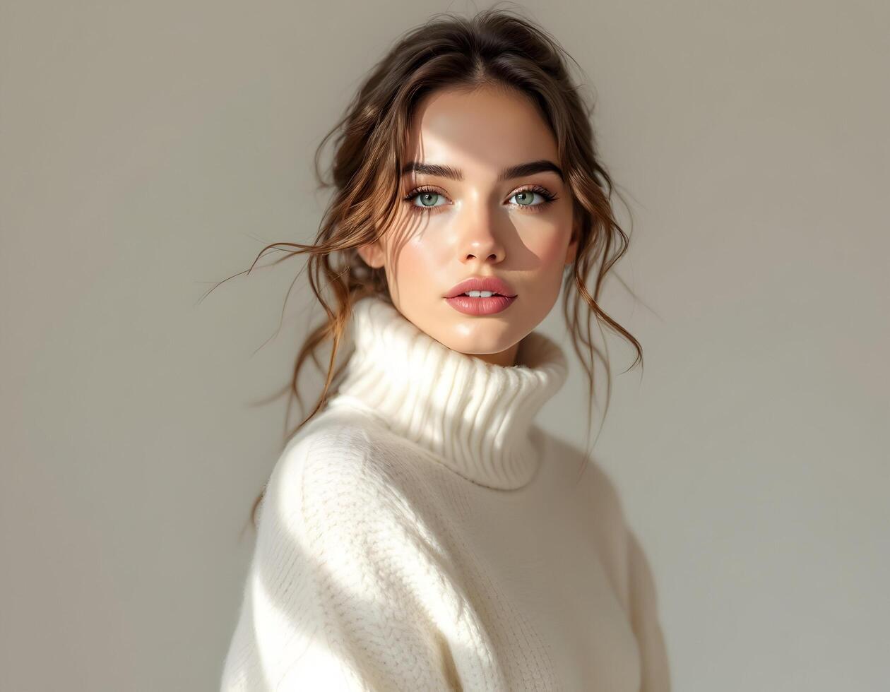 Portrait of a Beautiful Woman Wearing Cream Turtleneck in Soft Light photo