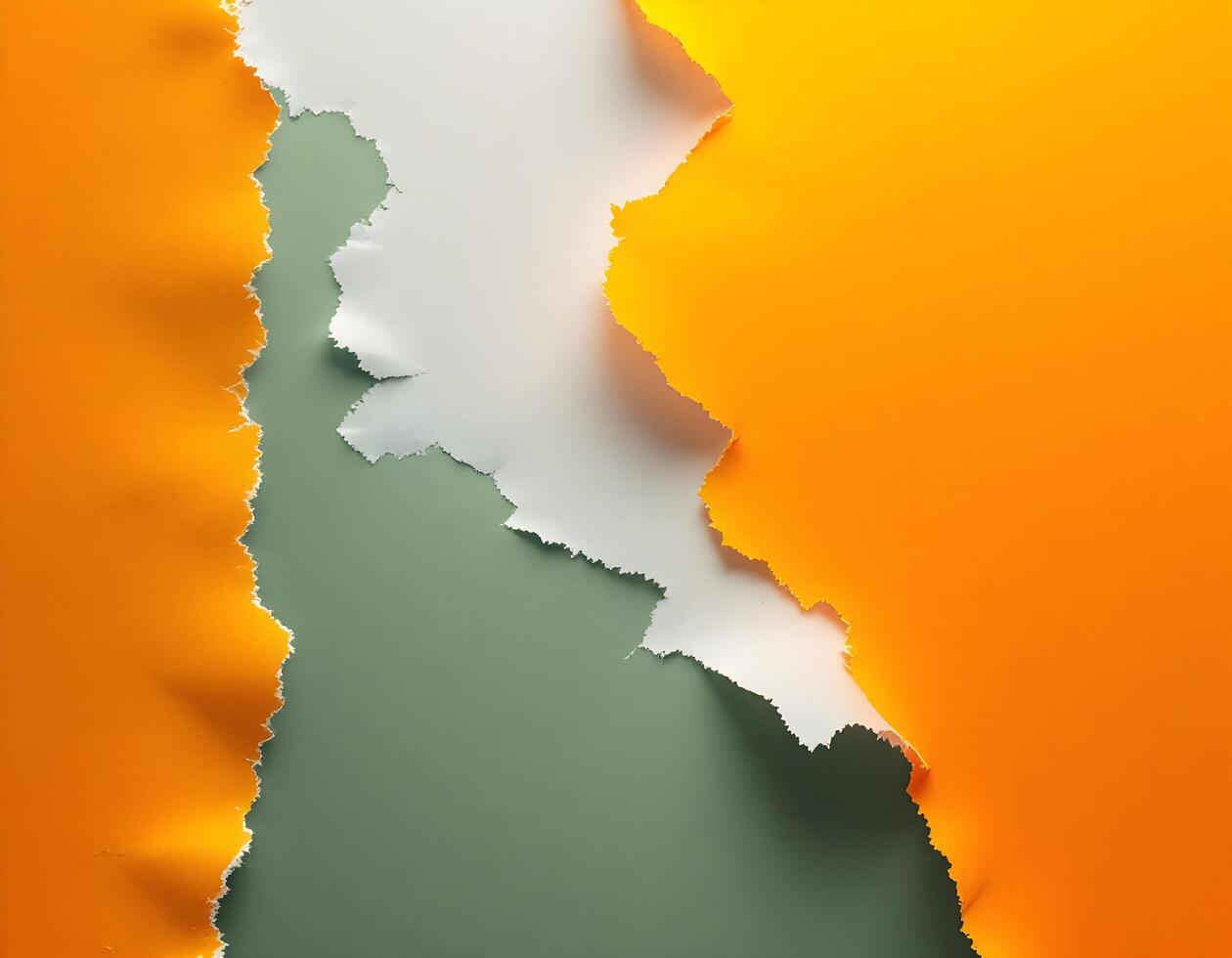 Torn Orange Paper Revealing Green and White Backdrop Texture Abstract photo