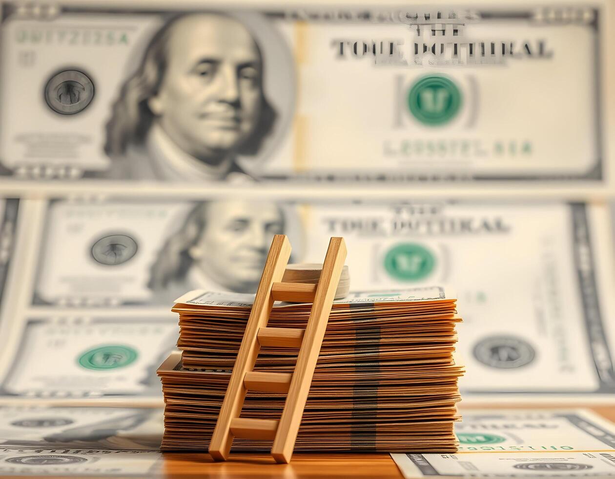 Climbing Stack of Money with Ladder Concept for Financial Growth photo