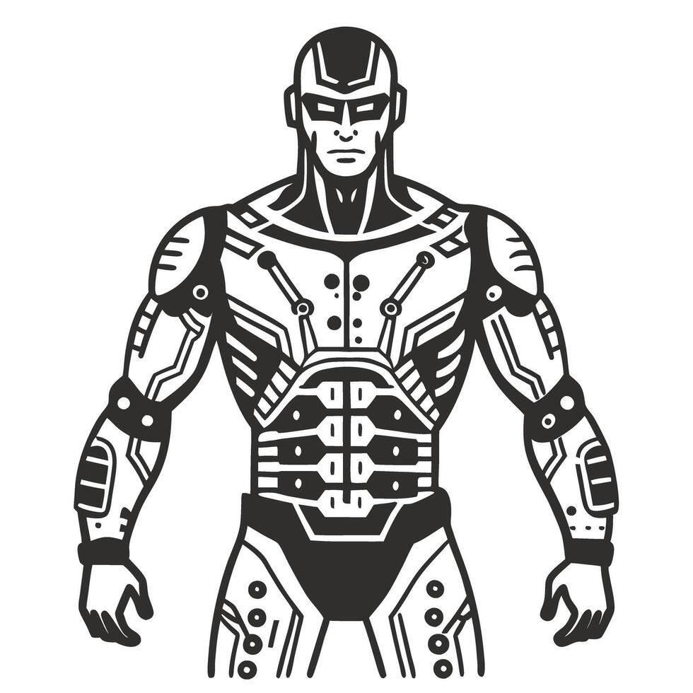 Futuristic robot warrior illustration with cybernetic armor design, monochrome style, strong humanoid figure vector