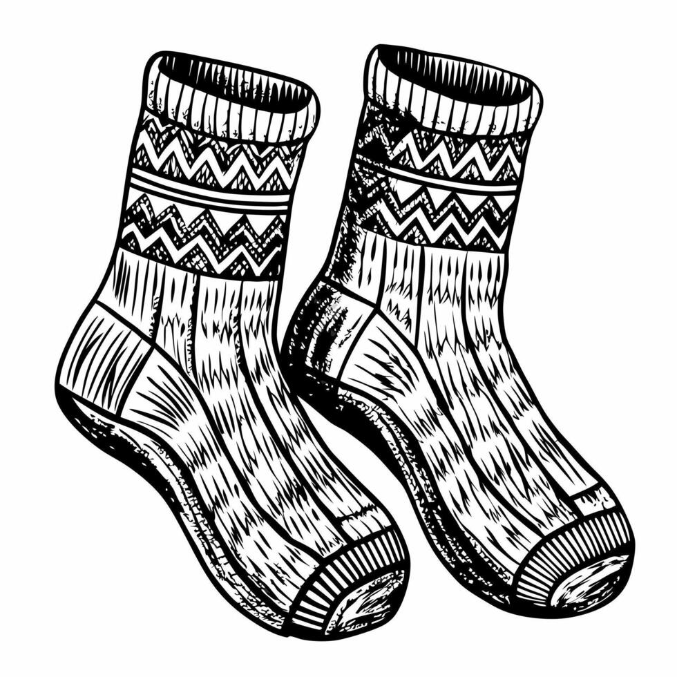 Hand Drawn Knitted Socks with Zigzag Pattern in Vintage Style vector