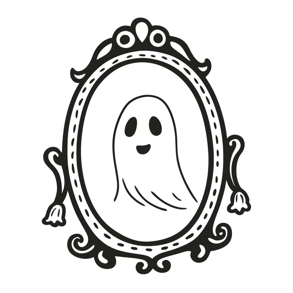 Friendly ghost reflection in ornate framed mirror halloween spirit, whimsical illustration vector