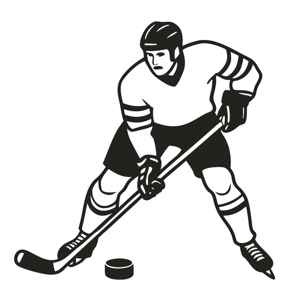 Hockey player poised for action with stick and puck, showcasing sport skill and athleticism vector