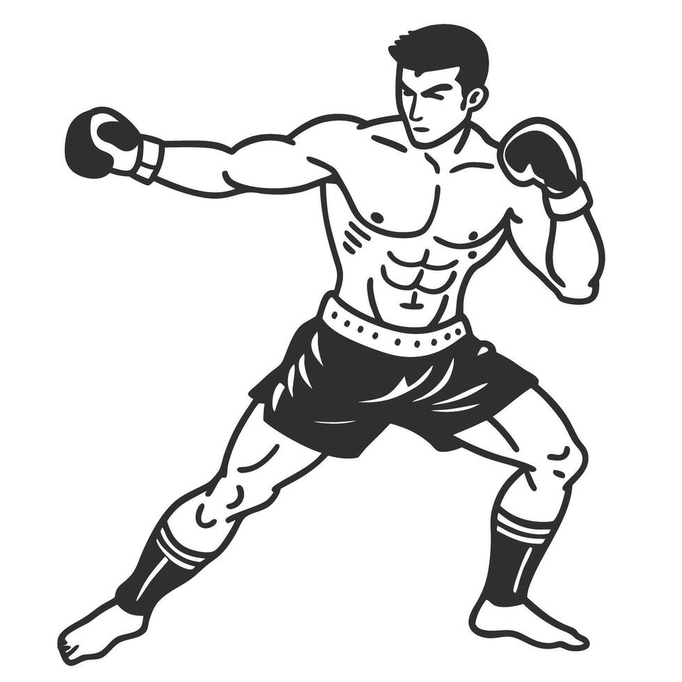 Boxer in fighting stance monochrome illustration of martial arts athlete with gloves, ready for action in competitive sports vector