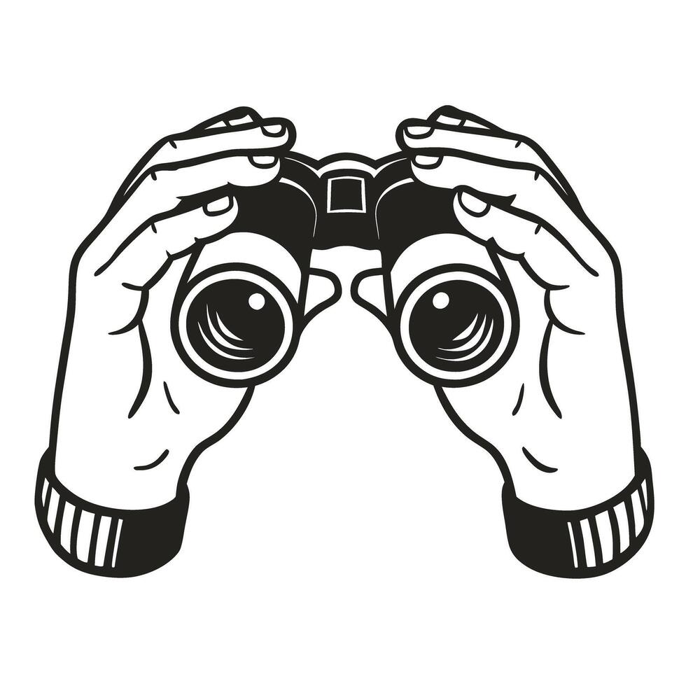 Hands holding binoculars, exploring and searching adventure and observation concept, monochrome illustration vector