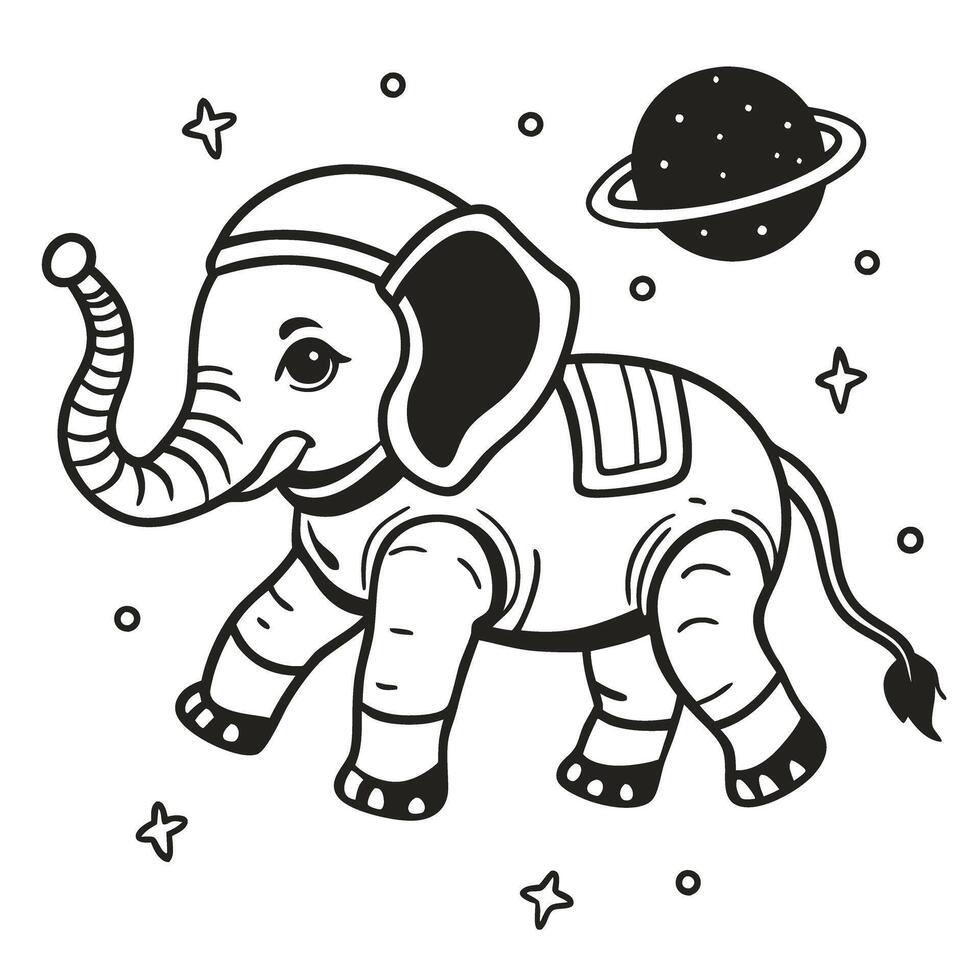 space elephant illustration astronaut elephant floating with stars and planet in black and white vector