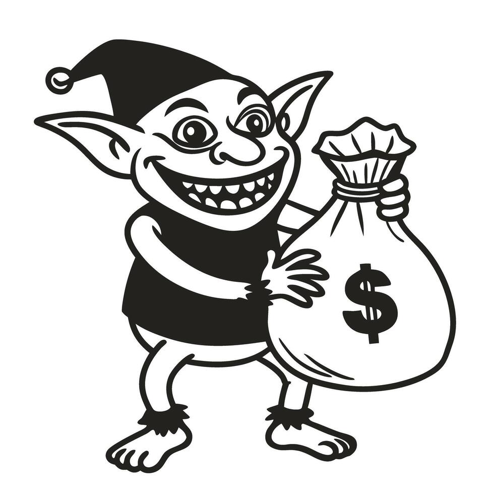 Cheerful goblin holding money bag, mischievous fantasy creature illustration vector
