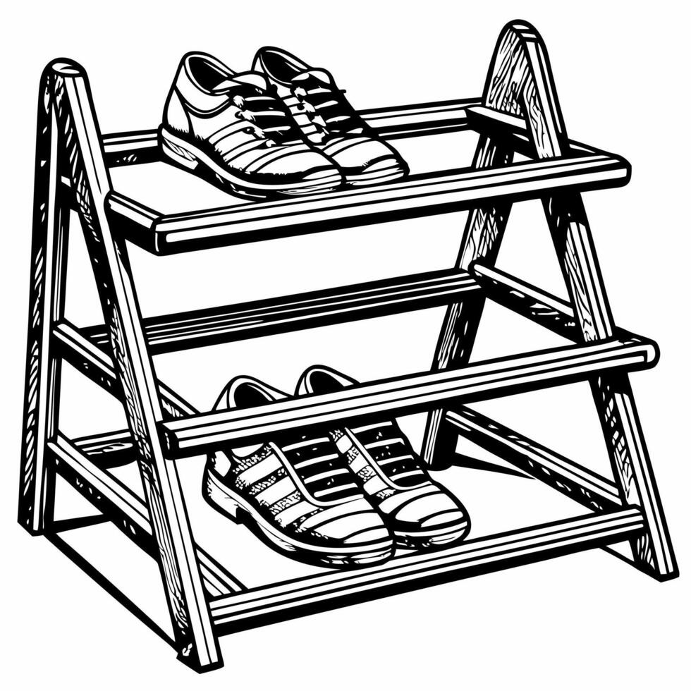 Vintage Shoe Rack Illustration with Classic Sneakers in Black and White vector